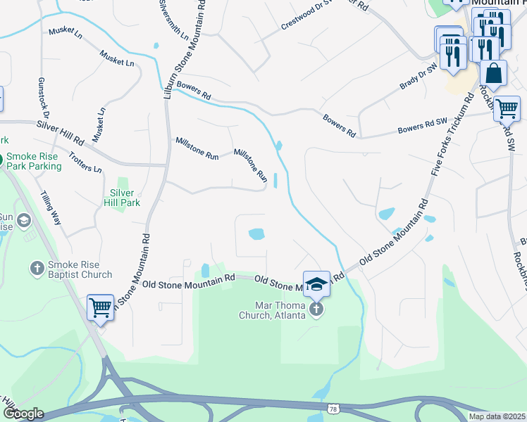 map of restaurants, bars, coffee shops, grocery stores, and more near 845 Heritage Oaks Drive in Stone Mountain