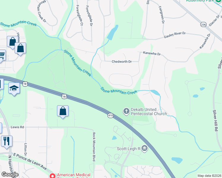 map of restaurants, bars, coffee shops, grocery stores, and more near 5022 Kanawha Bluff in Stone Mountain