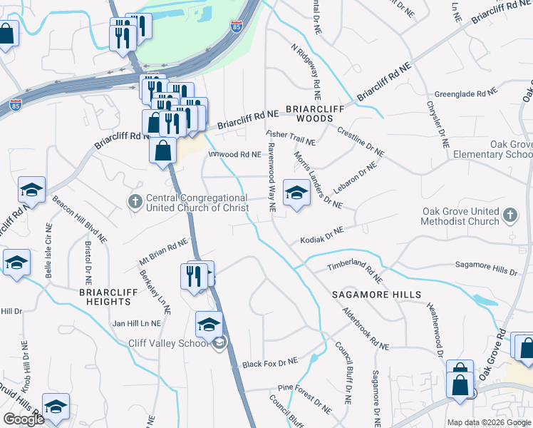 map of restaurants, bars, coffee shops, grocery stores, and more near 2031 Audubon Drive Northeast in Atlanta