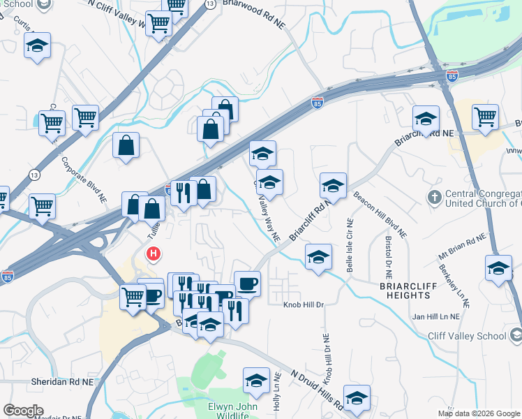 map of restaurants, bars, coffee shops, grocery stores, and more near 1401 Westchester Ridge Northeast in Atlanta