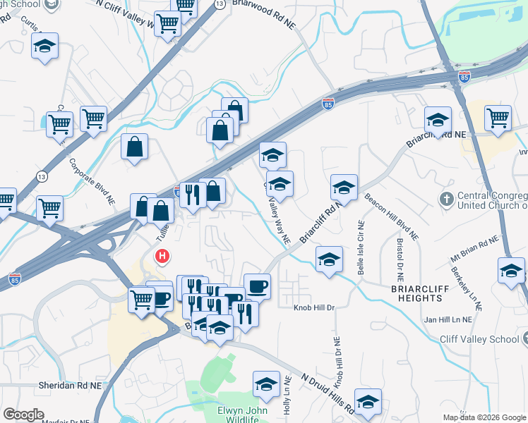 map of restaurants, bars, coffee shops, grocery stores, and more near 1318 Westchester Ridge Northeast in Atlanta