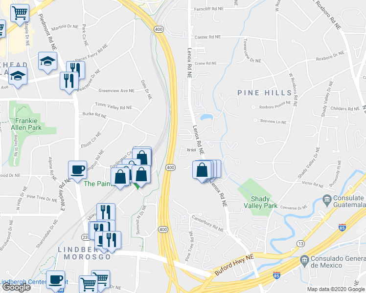 map of restaurants, bars, coffee shops, grocery stores, and more near 2914 Lenox Road Northeast in Atlanta