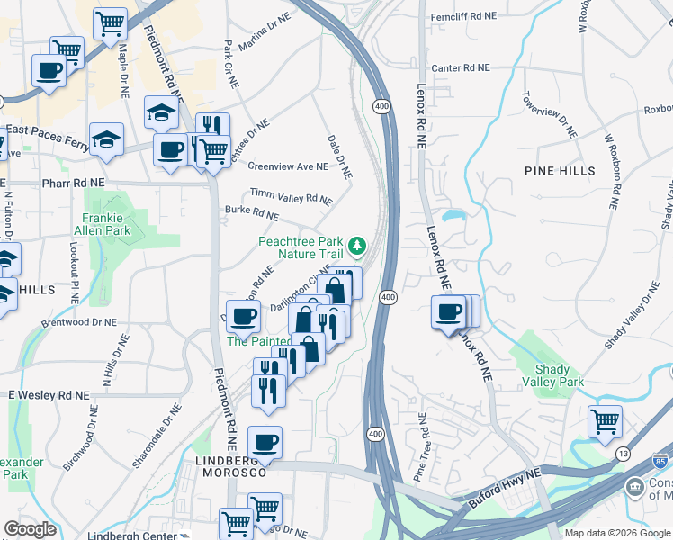 map of restaurants, bars, coffee shops, grocery stores, and more near 731 Darlington Circle Northeast in Atlanta