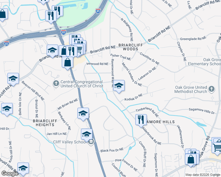 map of restaurants, bars, coffee shops, grocery stores, and more near 2031 Audubon Drive Northeast in Atlanta