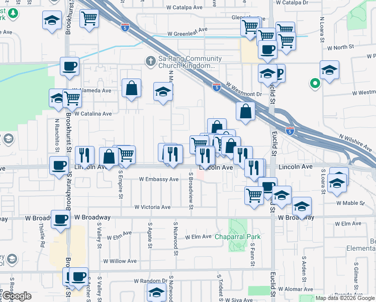map of restaurants, bars, coffee shops, grocery stores, and more near 1881 West Lincoln Avenue in Anaheim