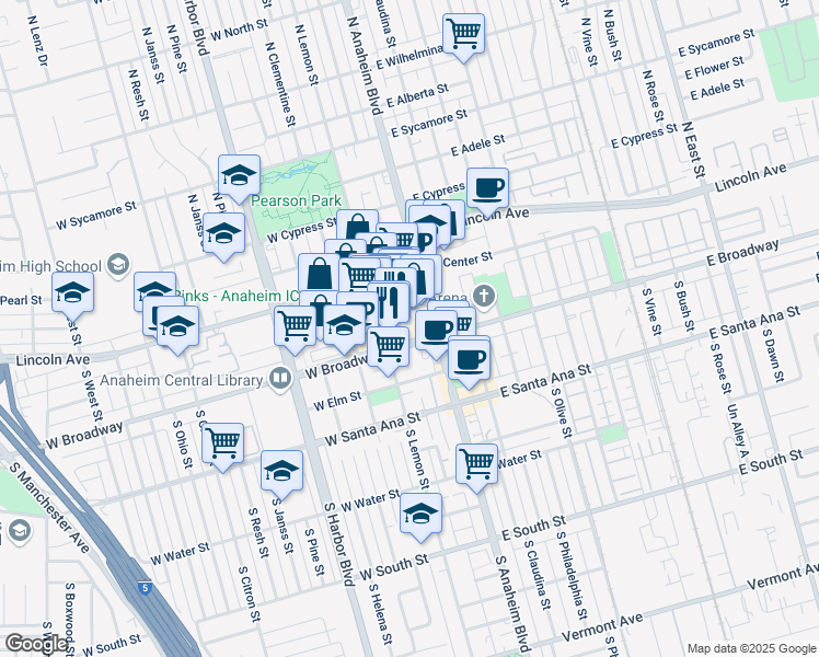 map of restaurants, bars, coffee shops, grocery stores, and more near 180 West Center Street Promenade in Anaheim