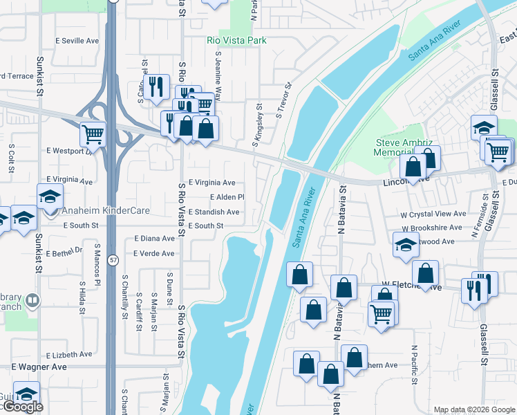 map of restaurants, bars, coffee shops, grocery stores, and more near 606 South Lakeshore Drive in Anaheim