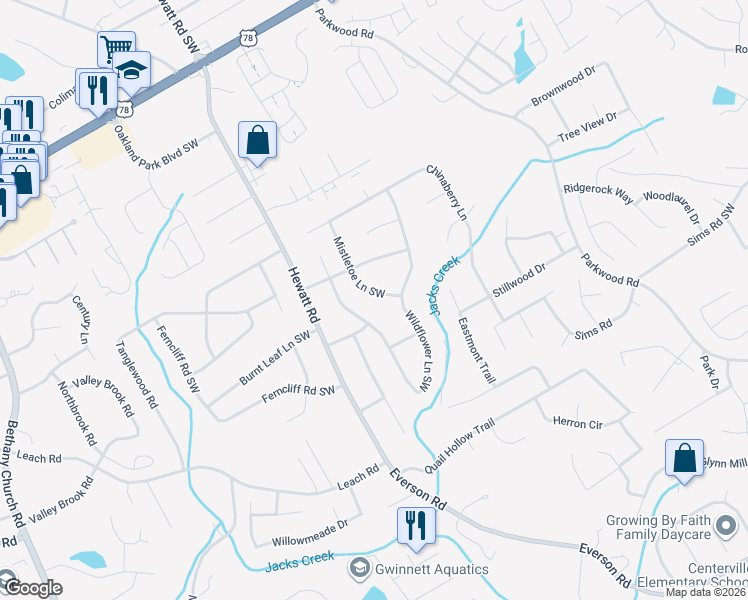 map of restaurants, bars, coffee shops, grocery stores, and more near 2542 Mistletoe Lane Southwest in Snellville
