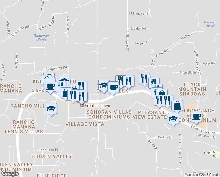map of restaurants, bars, coffee shops, grocery stores, and more near East Paso Nuevo Drive in Cave Creek