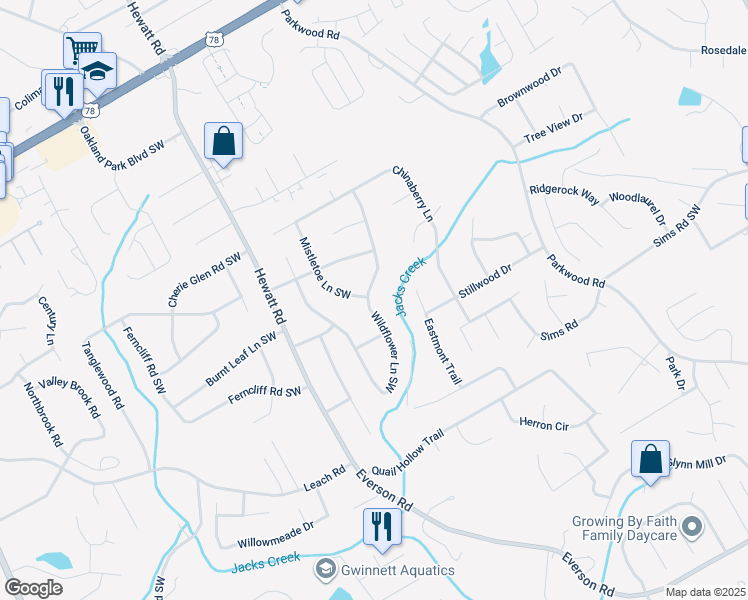 map of restaurants, bars, coffee shops, grocery stores, and more near 2915 Wildflower Lane Southwest in Snellville