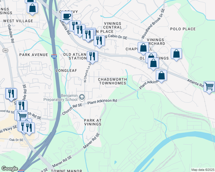 map of restaurants, bars, coffee shops, grocery stores, and more near 2565 Bridlewood Lane Southeast in Atlanta