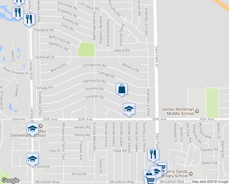 map of restaurants, bars, coffee shops, grocery stores, and more near 68650 Risueno Road in Cathedral City
