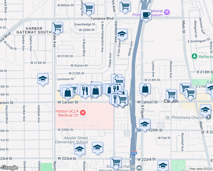 map of restaurants, bars, coffee shops, grocery stores, and more near 21415 South Vermont Avenue in Torrance