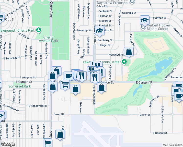 map of restaurants, bars, coffee shops, grocery stores, and more near 2616 Greenmeadow Road in Lakewood