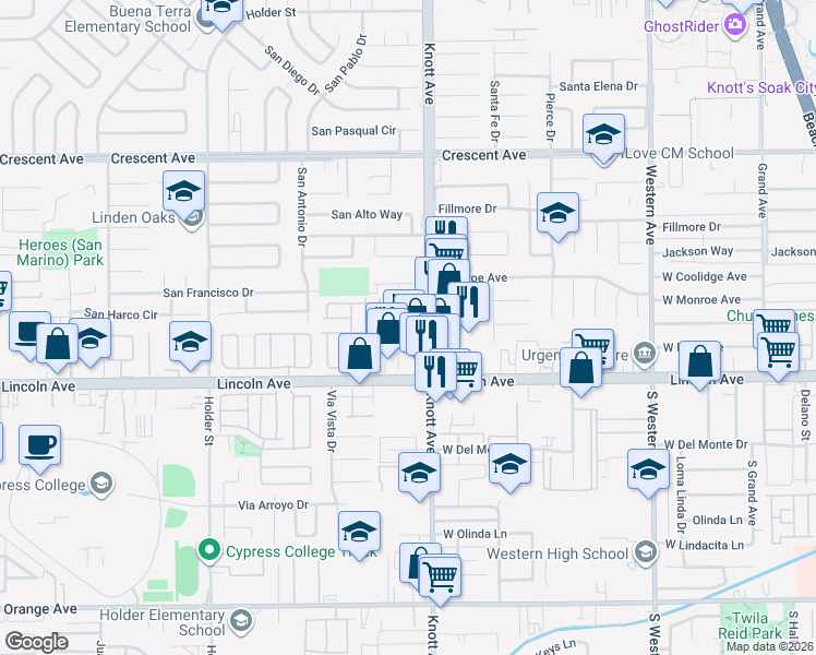 map of restaurants, bars, coffee shops, grocery stores, and more near 6741 Lincoln Avenue in Buena Park
