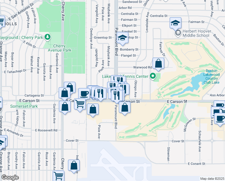 map of restaurants, bars, coffee shops, grocery stores, and more near 4203 Maybank Avenue in Lakewood