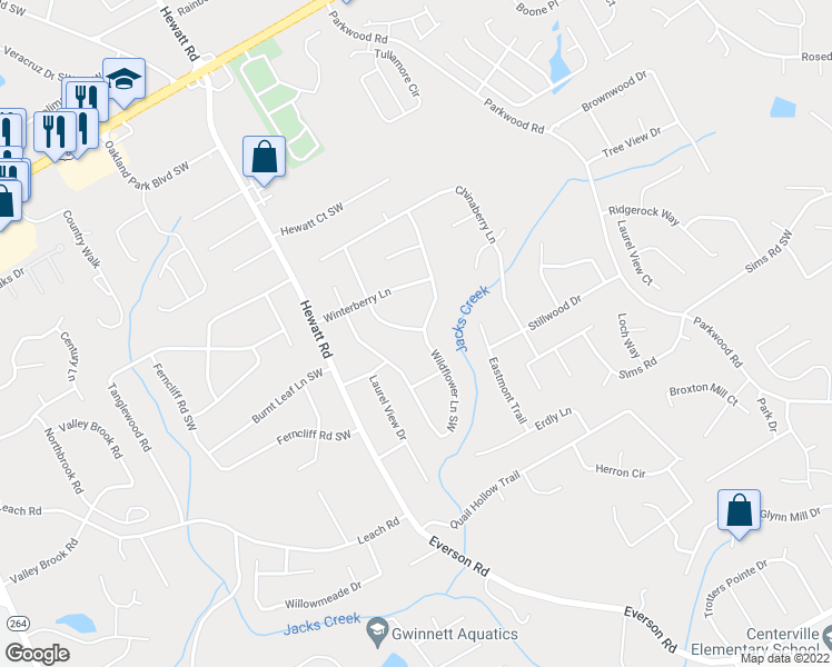 map of restaurants, bars, coffee shops, grocery stores, and more near 2894 Wildflower Lane Southwest in Snellville