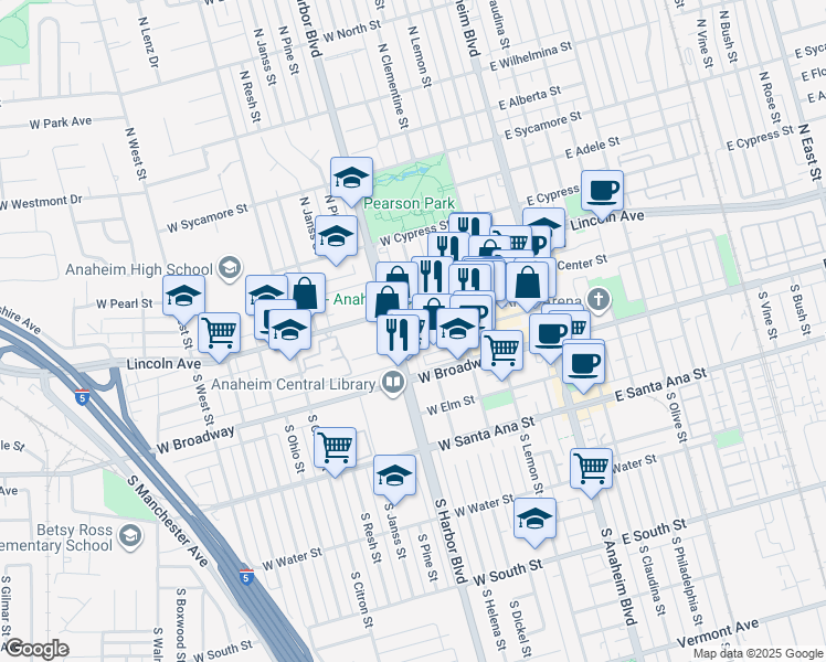 map of restaurants, bars, coffee shops, grocery stores, and more near 435 West Center Street Promenade in Anaheim