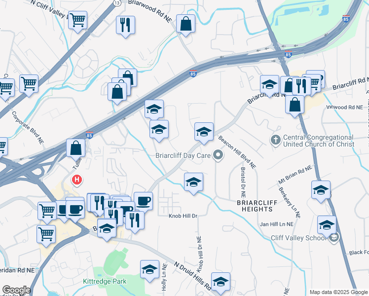 map of restaurants, bars, coffee shops, grocery stores, and more near 2801 Briarcliff Road Northeast in Atlanta