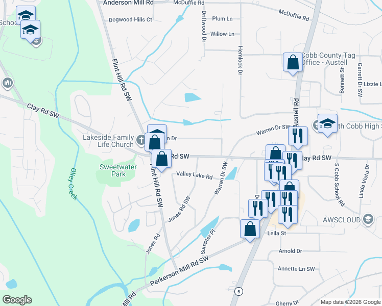 map of restaurants, bars, coffee shops, grocery stores, and more near 2262 Clay Road Southwest in Austell