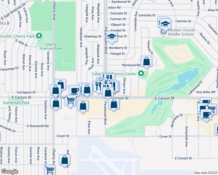 map of restaurants, bars, coffee shops, grocery stores, and more near 2708 Greenmeadow Road in Lakewood