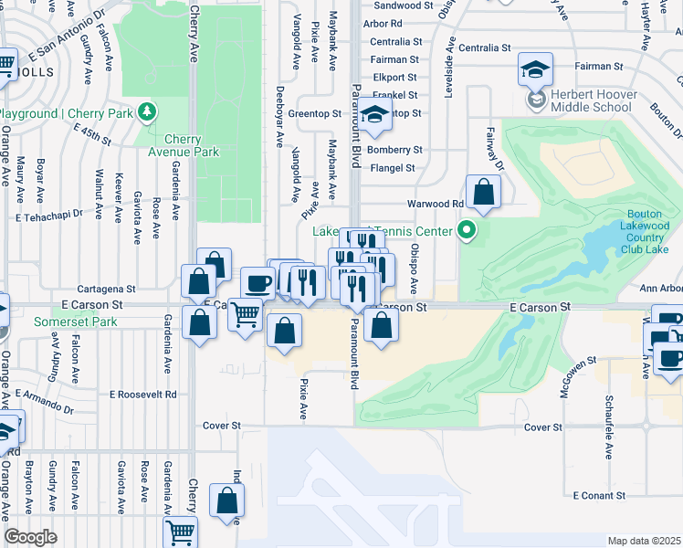 map of restaurants, bars, coffee shops, grocery stores, and more near 2608 Greenmeadow Road in Lakewood