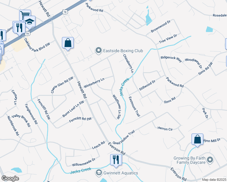 map of restaurants, bars, coffee shops, grocery stores, and more near 2895 Wildflower Lane Southwest in Snellville