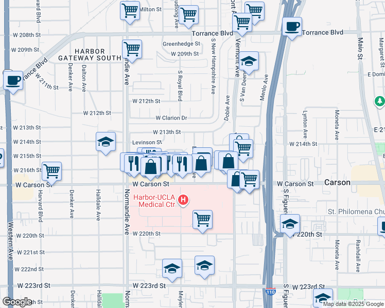map of restaurants, bars, coffee shops, grocery stores, and more near 21420 Meyler Street in Torrance