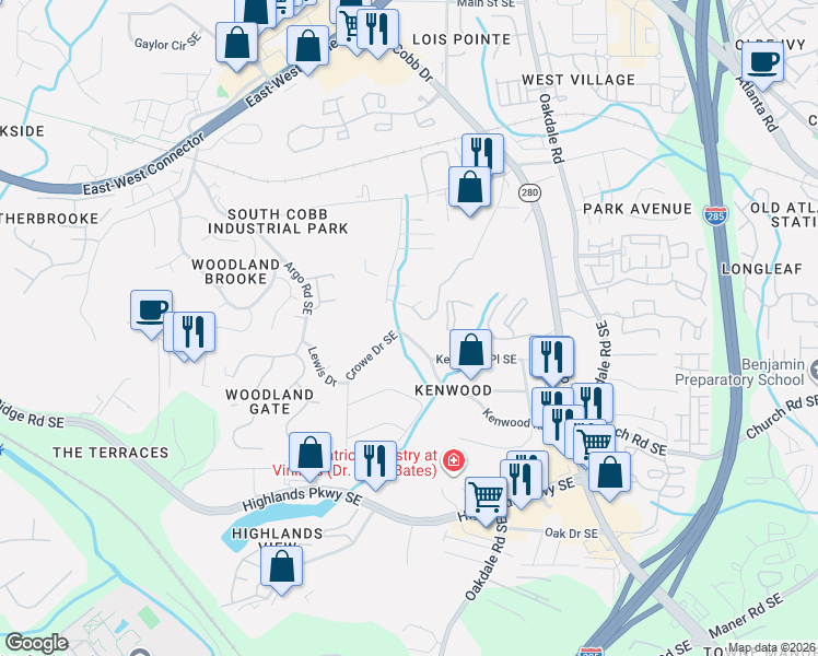 map of restaurants, bars, coffee shops, grocery stores, and more near 1869 Kenwood Road Southeast in Smyrna