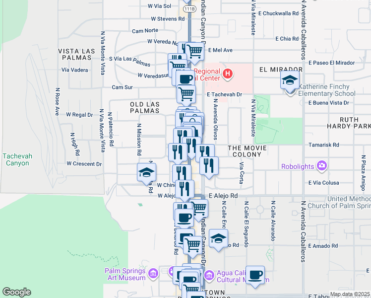 map of restaurants, bars, coffee shops, grocery stores, and more near 787 North Palm Canyon Drive in Palm Springs