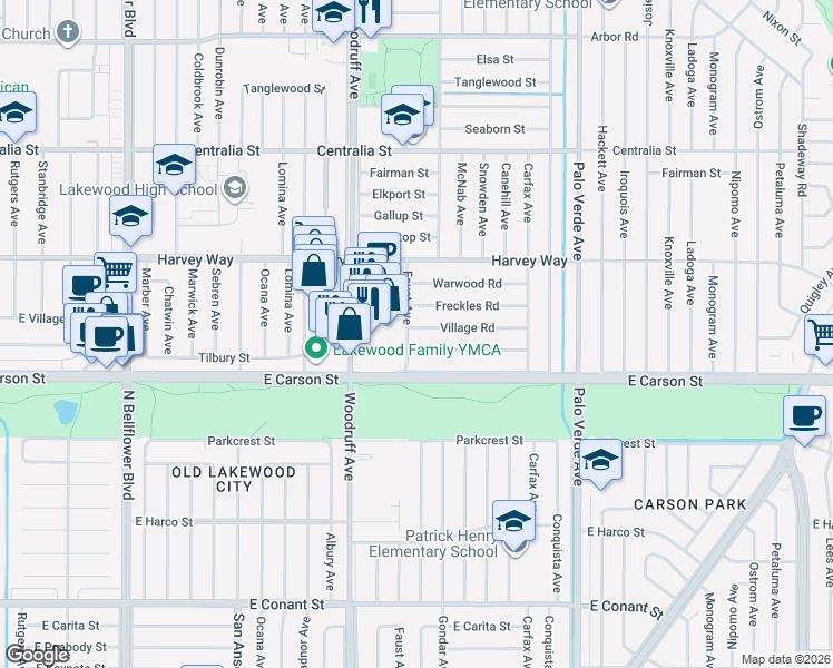 map of restaurants, bars, coffee shops, grocery stores, and more near 4155 Faust Avenue in Lakewood