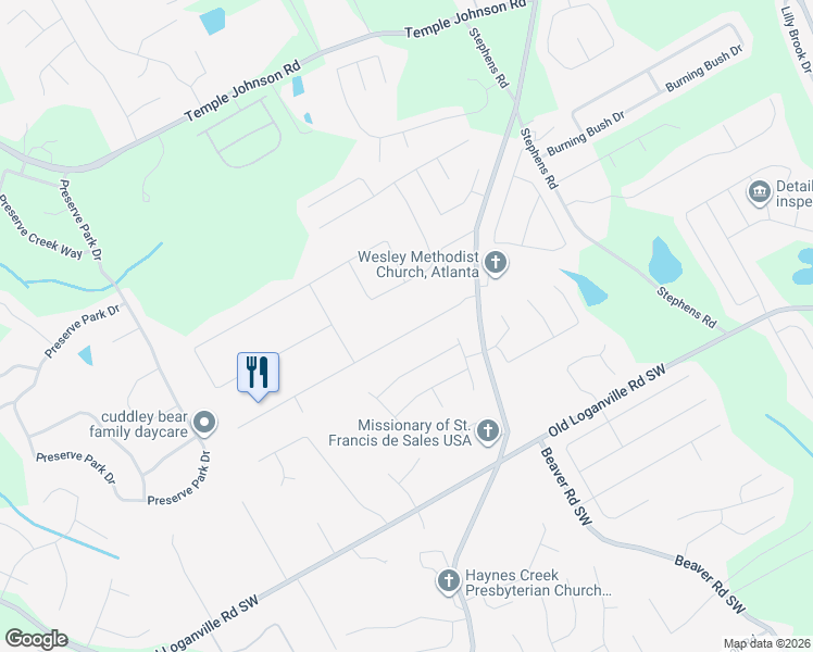 map of restaurants, bars, coffee shops, grocery stores, and more near 1601 Rose Garden Lane in Loganville