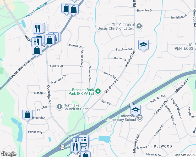map of restaurants, bars, coffee shops, grocery stores, and more near 3907 Jerusalem Court in Tucker