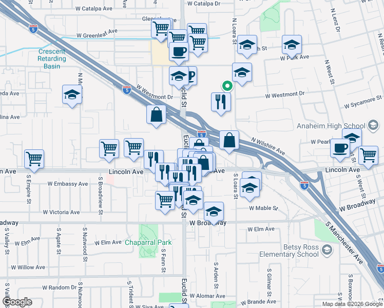 map of restaurants, bars, coffee shops, grocery stores, and more near 1677 West Lincoln Avenue in Anaheim