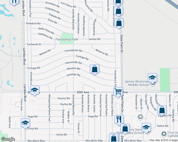 map of restaurants, bars, coffee shops, grocery stores, and more near 68650 Risueno Road in Cathedral City