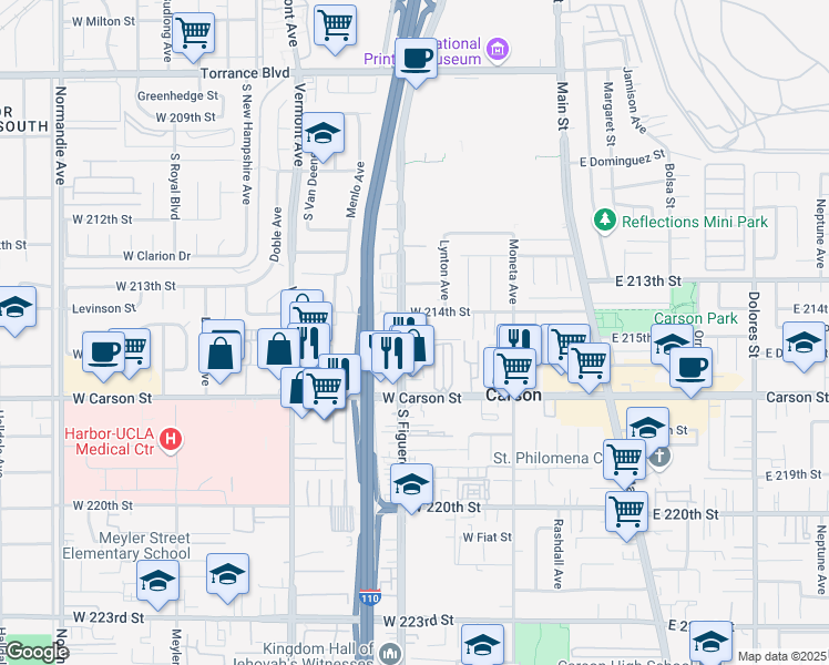 map of restaurants, bars, coffee shops, grocery stores, and more near 529 West 215th Street in Carson
