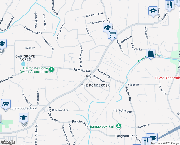 map of restaurants, bars, coffee shops, grocery stores, and more near 2835 Fairoaks Road in Decatur