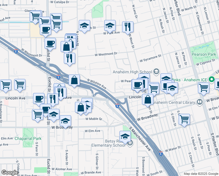 map of restaurants, bars, coffee shops, grocery stores, and more near 200 North Wilshire Avenue in Anaheim