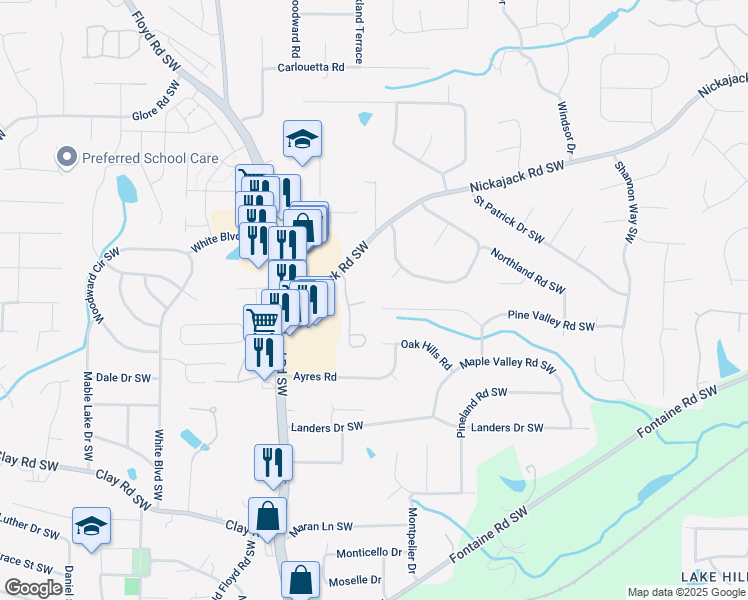 map of restaurants, bars, coffee shops, grocery stores, and more near 706 Briarleigh Court in Mableton