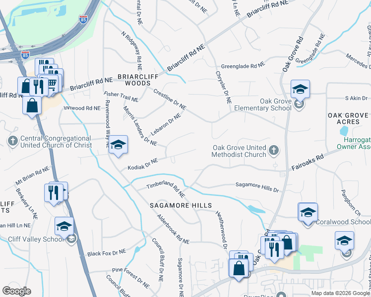 map of restaurants, bars, coffee shops, grocery stores, and more near 2216 Kodiak Drive Northeast in Atlanta