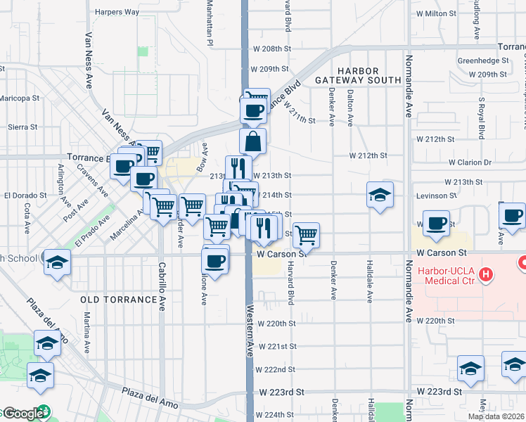 map of restaurants, bars, coffee shops, grocery stores, and more near 1647 West 215th Street in Torrance