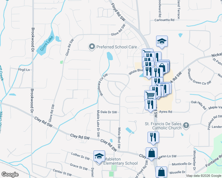 map of restaurants, bars, coffee shops, grocery stores, and more near 4925 Sweet Valley Road Southwest in Mableton