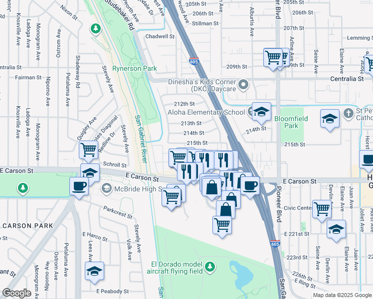 map of restaurants, bars, coffee shops, grocery stores, and more near 11342 215th Street in Lakewood