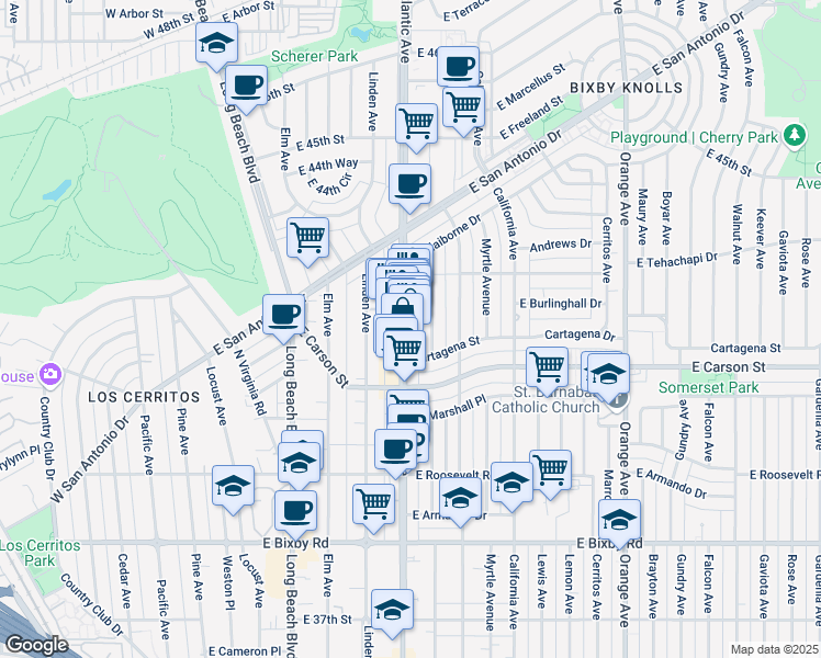 map of restaurants, bars, coffee shops, grocery stores, and more near 4278-4300 Atlantic Ave in Long Beach