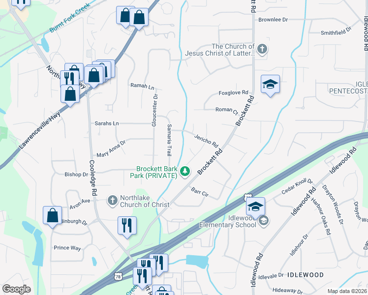 map of restaurants, bars, coffee shops, grocery stores, and more near 3907 Jerusalem Court in Tucker