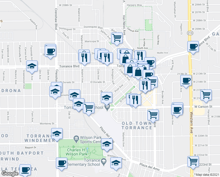 map of restaurants, bars, coffee shops, grocery stores, and more near 1422 Engracia Avenue in Torrance