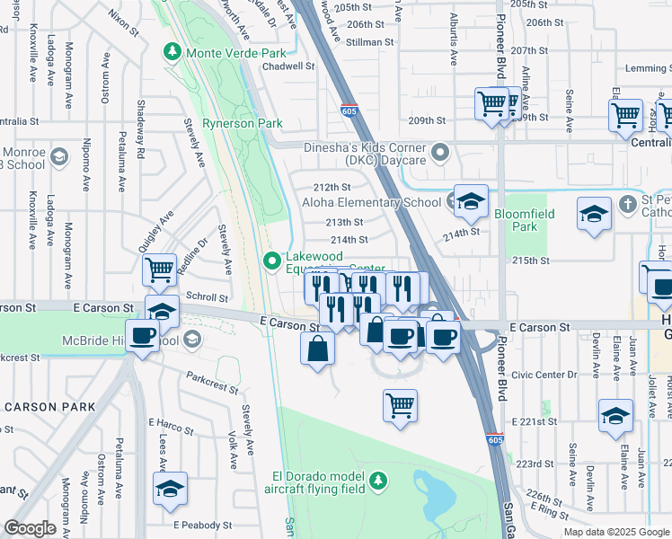 map of restaurants, bars, coffee shops, grocery stores, and more near 11342 215th Street in Lakewood