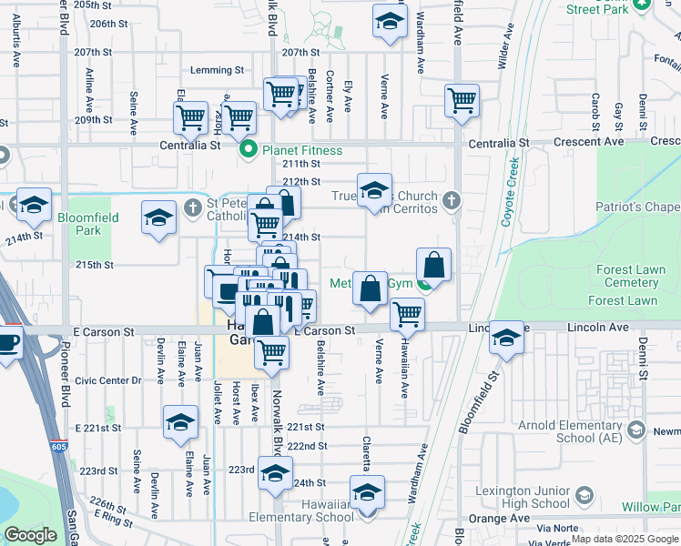 map of restaurants, bars, coffee shops, grocery stores, and more near 21500 Belshire Avenue in Hawaiian Gardens