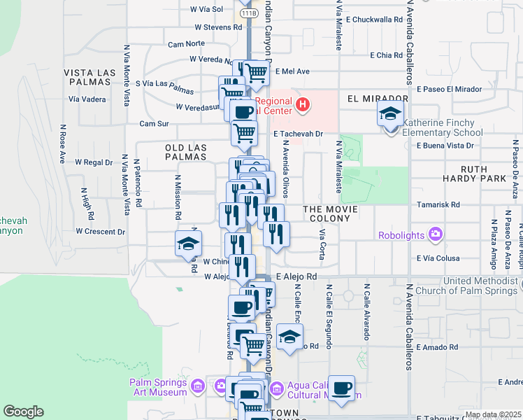 map of restaurants, bars, coffee shops, grocery stores, and more near 731 Tamarisk Road in Palm Springs