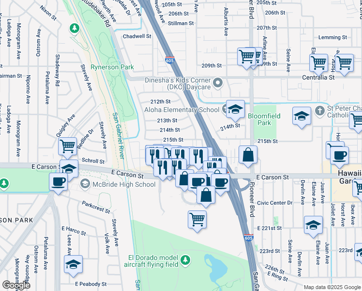 map of restaurants, bars, coffee shops, grocery stores, and more near 11500 215th Street in Lakewood